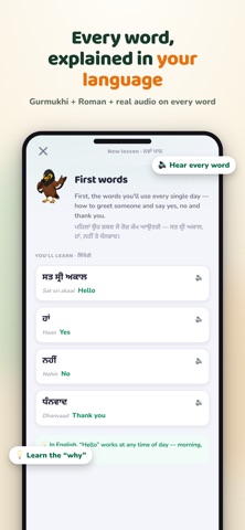 BolBuddy's published App Store screenshot showing English words with Punjabi meanings, Roman script and audio controls